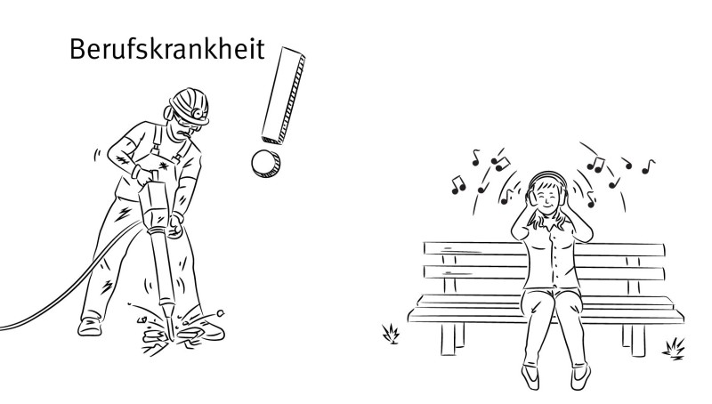 Die linke Seite zeigt eine Person mit Schutzhelm und Ohrenschützern, die mit einem Presslufthammer arbeitet, begleitet von einem Ausrufezeichen. Rechts sitzt eine Person auf einer Parkbank mit Kopfhörern, um sich vor lauten Geräuschen zu schützen. Der Begriff 'Berufskrankheit' ist oben links. Die Illustration thematisiert Lärmbelastung am Arbeitsplatz und die Wichtigkeit von Präventionsmaßnahmen im Kontext von Arbeitsschutz.