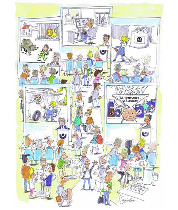 In einem Comic sind mehrere Szenen dargestellt, die verschiedene Arbeitsschutzmaßnahmen veranschaulichen. Oben links hebt ein Mann schwere Gegenstände mit einem Gabelstapler, während eine Person Schutzkleidung trägt. Oben rechts arbeitet jemand im Büro mit ergonomischen Möbeln. In der Mitte läuft eine Schulung zur sicheren Handhabung von Gefahrstoffen. Unten treffen sich Mitarbeitende in einer Kantine und besprechen Präventivmaßnahmen. Menschen verschiedener Berufe interagieren in einer harmonischen Umgebung, die Sicherheit und Prävention betont.