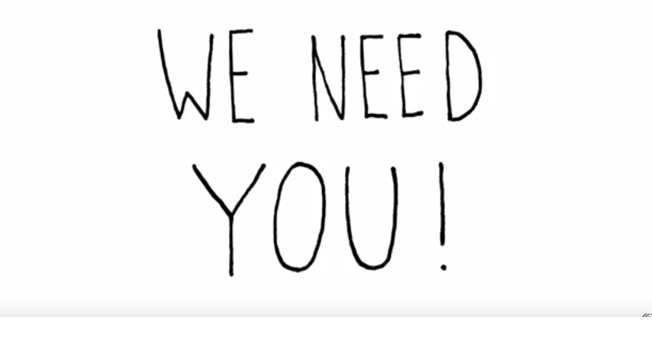 Schwarzer Text 'We need you!' auf weißem Hintergrund.