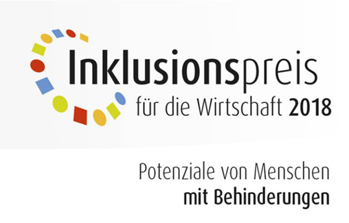 Das Bild zeigt das Logo des Inklusionspreises für die Wirtschaft 2018 mit dem Slogan: 'Potenziale von Menschen mit Behinderungen'. Der Schriftzug 'Inklusionspreis' ist bunt gestaltet. Der Preis hebt die Bedeutung von Inklusion und die Integration von Menschen mit Behinderungen in die Arbeitswelt hervor, was im Kontext der Unfallkasse NRW zu Arbeitsschutz und Prävention passt.