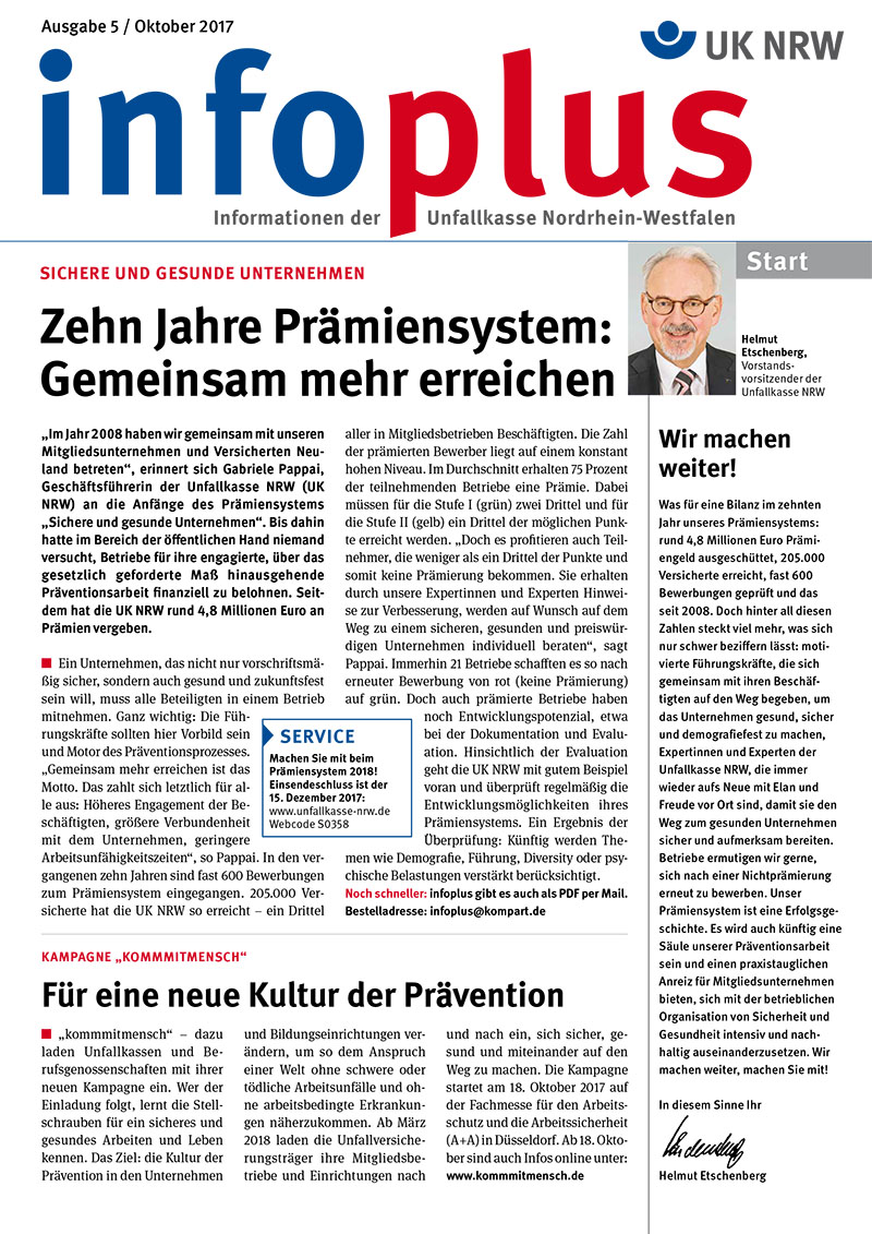 Die Titelseite des Magazins 'nofplus', Ausgabe 5/2017, der Unfallkasse Nordrhein-Westfalen, zeigt das Thema 'Zehn Jahre Prämiensystem: Gemeinsam mehr erreichen'. Es enthält Textbausteine über die positiven Auswirkungen des Prämiensystems auf die Gesundheit und Sicherheit am Arbeitsplatz. Rechts oben ist ein Bild eines Mannes in einem Anzug mit Brille. Zusätzliche Informationen über Gesundheitsschutz und Unternehmensunterstützung werden hervorgehoben. Ein Servicebereich unten links bietet weiterführende Informationen. Das Magazin richtet sich an Mitglieder und Unternehmen, die am Prämiensystem der UK NRW teilnehmen.