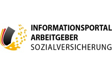 Das Bild zeigt das Logo des Informationsportals Arbeitgeber Sozialversicherung. Links befindet sich ein stilisiertes aufgeschlagenes Buch in den Farben Schwarz, Rot und Gold, das für Deutschland steht. Rechts davon ist der Text 'Informationsportal Arbeitgeber Sozialversicherung' in schwarzen Buchstaben. Das Logo weist auf ein Portal hin, das sich mit Themen der Sozialversicherung für Arbeitgeber befasst und könnte im Kontext von Arbeitssicherheit und Prävention genutzt werden.