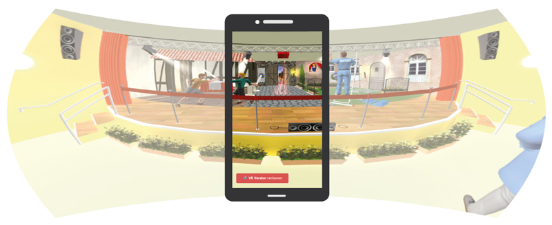Ein Smartphone zeigt eine virtuelle Darstellung einer Baustelle. Im Hintergrund sind Bauarbeiter und Werkzeuge zu sehen. Die Szene ist Teil eines VR-Systems zur Prävention von Arbeitsunfällen, präsentiert von der Unfallkasse NRW. Das Hauptaugenmerk liegt auf Arbeitssicherheit und Prävention in der Bauindustrie, wobei die Nutzer durch VR-Technologie Gefahren erkennen und vermeiden lernen können.
