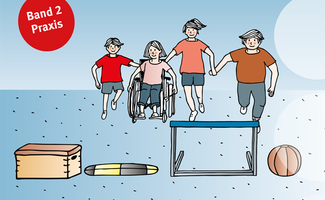Illustration von vier Kindern, die Hand in Hand Hindernisse überwinden. Eines der Kinder sitzt in einem Rollstuhl. Die Hindernisse umfassen einen Kasten, ein Hindernis zum Überspringen und einen Basketball. Der Hintergrund ist blau mit einem roten Kreis, auf dem 'Band 2 Praxis' steht. Die Szene symbolisiert Inklusion und Teamarbeit im Kontext von Schulsport und Prävention durch die Unfallkasse NRW.