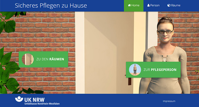 Screenshot einer interaktiven Webseite der Unfallkasse Nordrhein-Westfalen, die sich auf sicheres Pflegen zu Hause konzentriert. Die Seite zeigt im oberen Bereich einen blauen Balken mit den Menüpunkten 'Home', 'Person' und 'Räume'. Im Hauptteil sieht man eine gezeichnete Frau, die lächelnd in einer Tür steht. Links ist ein grünes Feld mit der Aufschrift 'Zu den Räumen', das rechts zur Tür zeigt, und rechts daneben ein weiteres grünes Feld mit der Aufschrift 'Zur Pflegeperson'. Im unteren linken Bereich des Bildes befindet sich das Logo der Unfallkasse NRW mit der Aufschrift 'Unfallkasse Nordrhein-Westfalen'. Der Hintergrund ist aus roten Ziegelsteinen mit grünen Blättern an der linken Seite gestaltet.