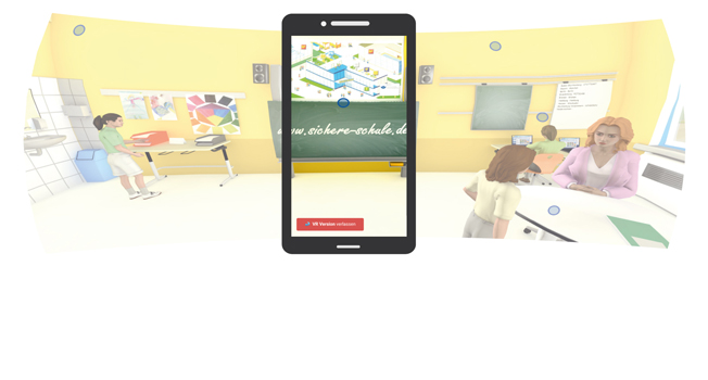 Die Grafik zeigt ein animiertes Klassenzimmer mit Schülern und einer Lehrerin, die an Tischen sitzen. Im Vordergrund ist ein Smartphone mit einer App zu sehen, die auf Sicherheitsaspekte hinweist. Die App gehört zur Unfallkasse NRW und unterstützt Maßnahmen im Arbeitsschutz für Schulen. Im Hintergrund befinden sich eine Tafel, Projektor und Lehrmaterialien, die verschiedene Sicherheits- und Präventionshinweise im Schulumfeld thematisieren.