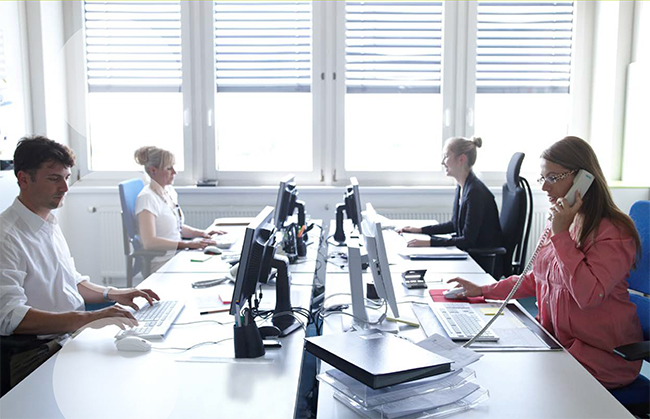 Ein helles Büro mit vier Personen, die an Computern arbeiten. Zwei Frauen und ein Mann sitzen an einem langen Tisch mit mehreren Monitoren und Tastaturen. Eine Frau telefoniert. Große Fenster im Hintergrund lassen viel Tageslicht herein. Die Szene vermittelt ein Bild moderner Büroarbeit und kann im Kontext von Arbeitsschutz relevante Aspekte wie Ergonomie und Prävention widerspiegeln.