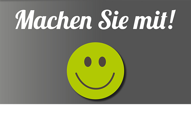 Grüner Smiley mit 'Machen Sie mit!' Schriftzug.
