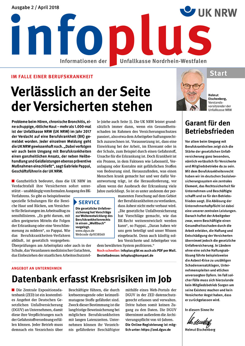 Die Titelseite der Zeitschrift 'UK NRW plus', Ausgabe 2/2018 der Unfallkasse Nordrhein-Westfalen, zeigt mehrere Artikel und Informationen. Zentral steht der Artikel 'Verlässlich an der Seite der Versicherten stehen', der sich mit Berufskrankheiten und dem Umgang der UK NRW mit verschiedenen Erkrankungen befasst. Auf der rechten Seite ist ein Abschnitt mit dem Titel 'Garant für den sicheren Betrieb' abgebildet. Zusätzlich gibt es eine Service-Hotline und den Hinweis auf ein Gewinnspiel. Die Zeitschrift behandelt Themen des Arbeitsschutzes und der Prävention.