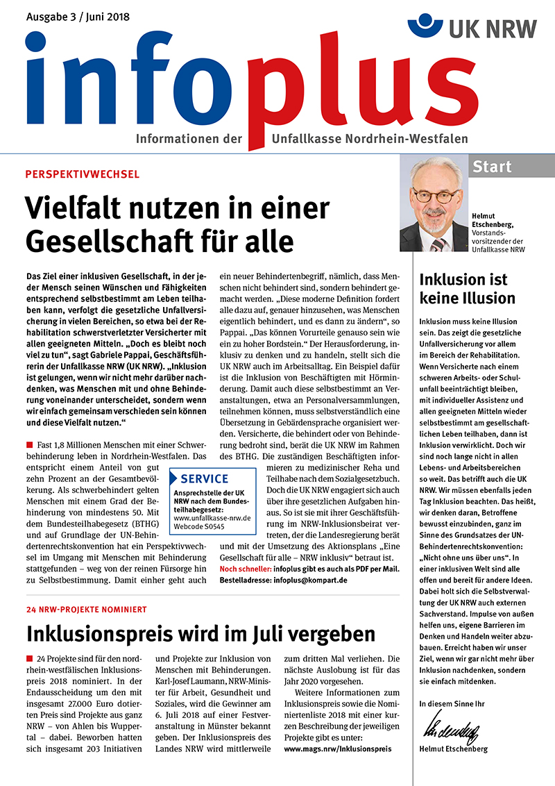 Titelseite der Infoplus Zeitschrift der Unfallkasse Nordrhein-Westfalen, Ausgabe 3 vom Juni 2018. Der Fokus liegt auf Vielfalt und Inklusion. Oben links steht 'Perspektivwechsel'. Der Hauptartikel betont, wie wichtig es ist, dass Menschen mit Behinderungen gleichwertig in der Gesellschaft eingebunden werden. Rechts befindet sich ein Abschnitt über Inklusion mit dem Untertitel 'Inklusion ist kein Luxus'. Am unteren Rand gibt es einen Artikel über Prävention im Juli.