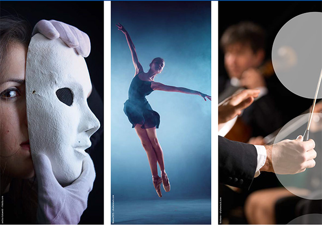 Das Bild zeigt drei vertikal ausgerichtete Fotos, die verschiedene kulturelle Darstellungen präsentieren. Links ist eine Frau abgebildet, die zur Hälfte hinter einer weißen Maske hervorschaut, die sie mit behandschuhten Händen hält, symbolisierend das Verstecken und Enthüllen im Theater. In der Mitte befindet sich eine Tänzerin, die in einem schwarzen Kleid einen eleganten Sprung in der Luft vollführt, umhüllt von blauem Bühnenlicht, was Bewegung und Kunst im Tanz zeigt. Rechts ist die Hand eines Dirigenten zu sehen, die schwungvoll mit einem Taktstock dirigiert, während im Hintergrund unscharf ein Orchester angedeutet ist. Diese Bilder verdeutlichen den Reichtum und die Vielfalt kultureller Ausdrucksformen.