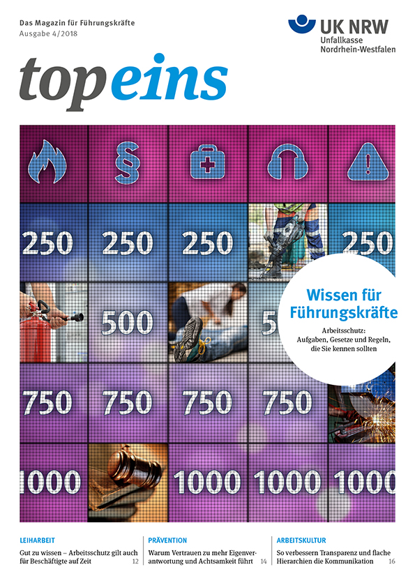 Cover der Zeitschrift 'toveins', Ausgabe 4/2018 der Unfallkasse NRW. Oben links der Text 'Das Magazin für Führungskräfte', oben rechts UK NRW Logo. Eine zentrale Grafik zeigt ein Spielbrett mit nummerierten Feldern, die Werte wie 50, 75, 100 bis 500 tragen, in verschiedenen Farben. Darunter der Text 'Wissen für Führungskräfte: Arbeitsschutz – Aufgaben, Gesetze und Regeln, die Sie kennen sollten'. Unten Hinweise auf Artikel wie: Lehrebetrieb, Warnen vor Eigenwerbung und Arbeitskultur.