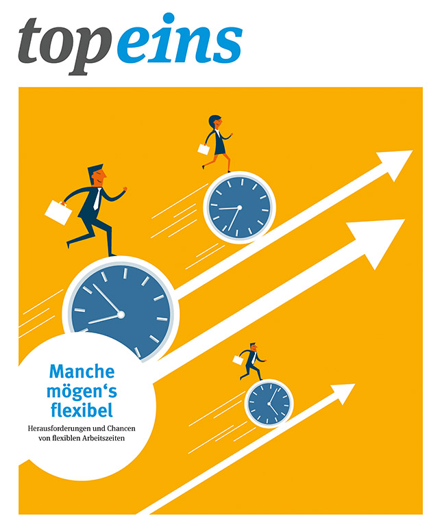 Illustration von drei Personen in Businesskleidung, die auf großen, nach rechts oben gerichteten Uhrensymbolen stehen, die als Pfeile gestaltet sind. Diese Symbole symbolisieren flexible Arbeitszeiten. Die Grafik ist Teil einer Kampagne der Unfallkasse NRW und adressiert Arbeitsschutz und Prävention. Unten links steht 'Manche mögen's flexibel' als Text, mit dem Zusatz 'Herausforderungen und Chancen von flexiblen Arbeitszeiten'.