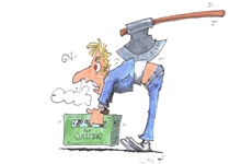 Die Karikatur zeigt einen Mann in gebückter Haltung, der über einen grünen Wasserkanister mit der Aufschrift 'Nur Wasser' gebeugt steht. Auf seinem Rücken balanciert er eine große Axt. Der Mann scheint besorgt, was durch die Schweißperlen auf seiner Stirn dargestellt wird. Die Szene illustriert auf humorvolle Weise potenzielle Gefahren durch unsichere Handlungen oder unüberlegte Lagerung von Werkzeugen im Arbeitsumfeld. Die Illustration könnte sensibilisieren für Unfallverhütung und Sicherheitsmaßnahmen am Arbeitsplatz im Kontext der Unfallkasse NRW.