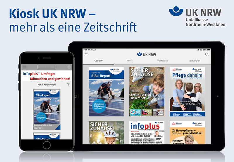 Ein Tablet und ein Smartphone zeigen eine Auswahl an digitalen Zeitschriften der Unfallkasse NRW. Auf dem Bildschirm des Tablets sind verschiedene Ausgabe-Cover zu sehen, darunter Titel wie Sicher Zuhause, Pflege daheim und Sicher Arbeiten. Die Zeitschriften thematisieren Arbeitsschutz, Prävention und Sicherheitsmaßnahmen. Der Bildschirm des Smartphones zeigt eine Umfrage zur Ausgabe, mit dem Titel infoplus: Umfrage, mitmachen und gewinnen. Oben links steht 'Kiosk UK NRW – mehr als eine Zeitschrift'.
