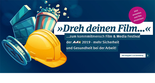 Grafik zeigt einen gelben Bauhelm, eine Filmklappe, einen Filmstreifen und Popcorn. Text lautet: 'Dreh deinen Film... zum kommmitmensch Film & Media Festival der A+A 2019 - mehr Sicherheit und Gesundheit bei der Arbeit!'. Ein Button verweist auf die Anmeldung. Kontext ist die Unfallkasse NRW mit Fokus auf Prävention und Arbeitsschutz.