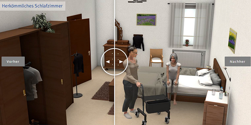 Das Bild zeigt ein Schlafzimmer, geteilt in zwei Hälften durch eine vertikale Linie. Links ist der ursprüngliche Zustand mit wenigen Hilfsmitteln zu sehen. Rechts sind Anpassungen zur Ergonomie und Sicherheit erkennbar. Eine Frau sitzt auf einem angepassten Bett, eine Pflegekraft steht mit einem Rollbettkasten daneben. Beide Hälften des Bildes dienen als Beispiel für barrierefreie Raumgestaltung im Sinne der Prävention von Arbeitsunfällen, unterstützt durch die Unfallkasse NRW.