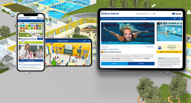 Die Grafik zeigt zwei digitale Geräte, ein Smartphone und ein Tablet, die Webseiteninhalte zur Unfallverhütung in Schulen präsentieren. Die Smartphone-Seite zeigt ein interaktives Menü für sichere Schulen, während das Tablet Informationen über Schwimmen in Schulen enthält. Im Hintergrund ist eine stilisierte Darstellung einer Schule mit Schwimmhalle und Klassenzimmern zu sehen. Der Kontext bezieht sich auf die Präventionsarbeit der Unfallkasse NRW im Bereich Arbeitssicherheit und Unfallverhütung an Schulen.