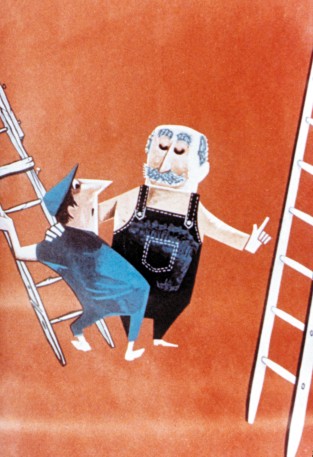 Illustration zweier Männer in Arbeitskleidung, die auf einem orangefarbenen Hintergrund zwischen zwei Leitern stehen. Der ältere Mann trägt eine Latzhose und gestikuliert, während er mit einem jüngeren Arbeiter mit blauer Kleidung spricht. Die Szene hebt Diskussionen zur Arbeitssicherheit hervor, passend zum Thema Arbeitsschutz und Prävention der Unfallkasse NRW.