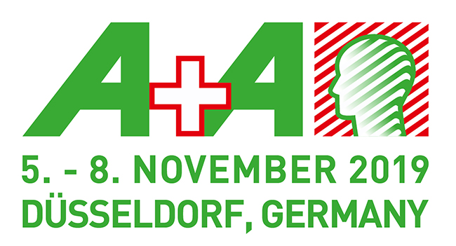 Das Bild zeigt das Logo der A+A Messe 2019 mit den Daten 5. - 8. November 2019 in Düsseldorf, Germany. Es präsentiert ein stilisiertes A mit einem Pluszeichen, gefolgt von einem weiteren A. Rechts ist ein abstrahiertes Profil eines Kopfes in einem grünen Rahmen zu sehen. Der Kontext könnte Arbeitsschutz und Prävention im Rahmen der Unfallkasse NRW sein.