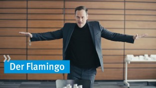 Ein Mann in einem dunklen Anzug führt im Büro eine Übung durch. Er steht mit ausgestreckten Armen, als ob er Balance halten möchte, vor einer Holzvertäfelung. Im Vordergrund ist ein Tisch erkennbar. Links im Bild befindet sich ein blauer Textkasten mit der Aufschrift 'Der Flamingo'. Diese visuelle Darstellung könnte Teil eines Präventionsprogramms der Unfallkasse NRW sein, um das Bewusstsein für ergonomisches Arbeiten zu fördern.