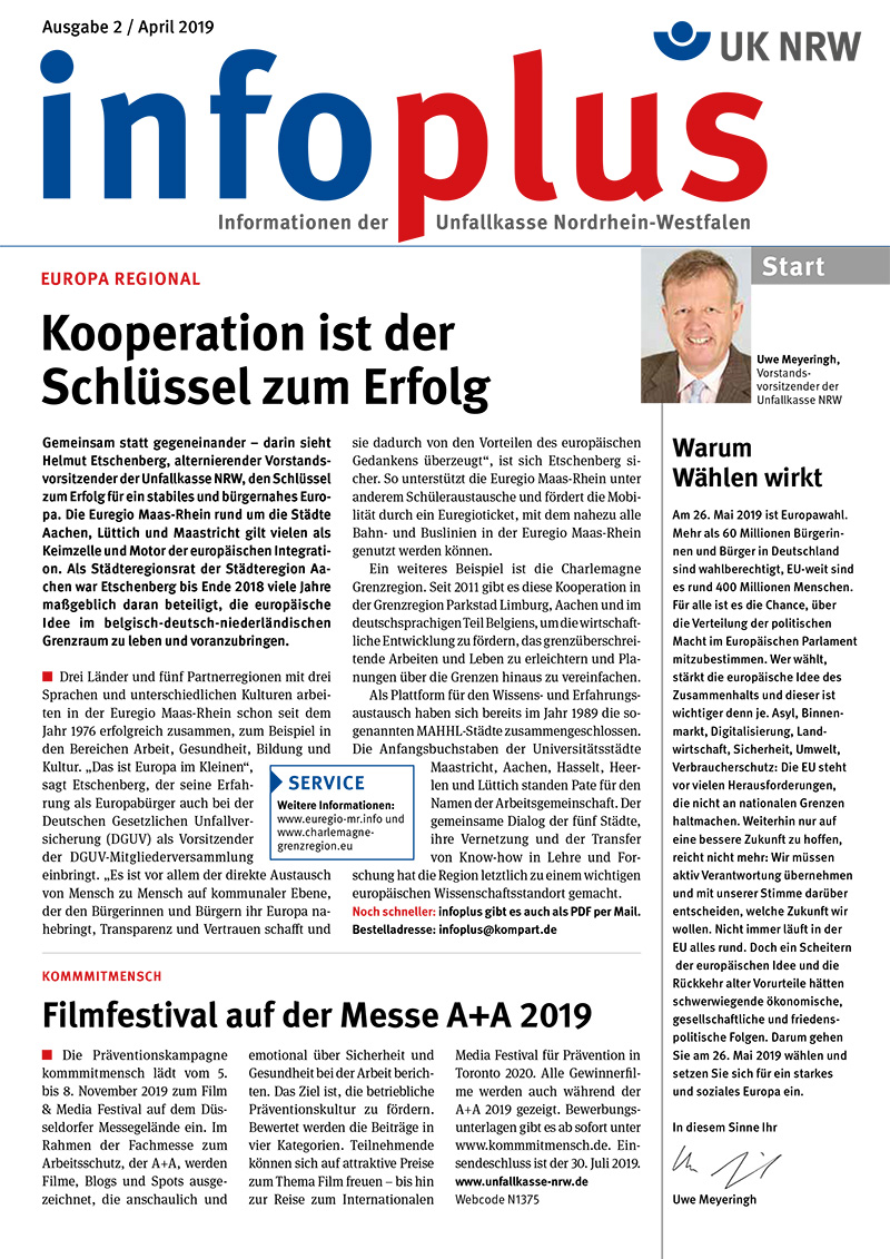 Die Titelseite des 'toplus' Magazins der Unfallkasse Nordrhein-Westfalen, Ausgabe 2/April 2019, fokussiert auf Kooperation als Schlüssel zum Erfolg. Es gibt Überschriften zu Themen wie regionale Zusammenarbeit in Europa und Kommendes zur Messe A+A 2019. Auf der rechten Seite ist ein Kasten mit einem Foto einer Person und einer Erklärung 'Warum Wählen wichtig ist'. Die Titelseite enthält auch das Logo und eine Einleitung, die die Bedeutung von kollektiven Anstrengungen im Bereich Arbeitsschutz und deren positive Auswirkungen hervorhebt.