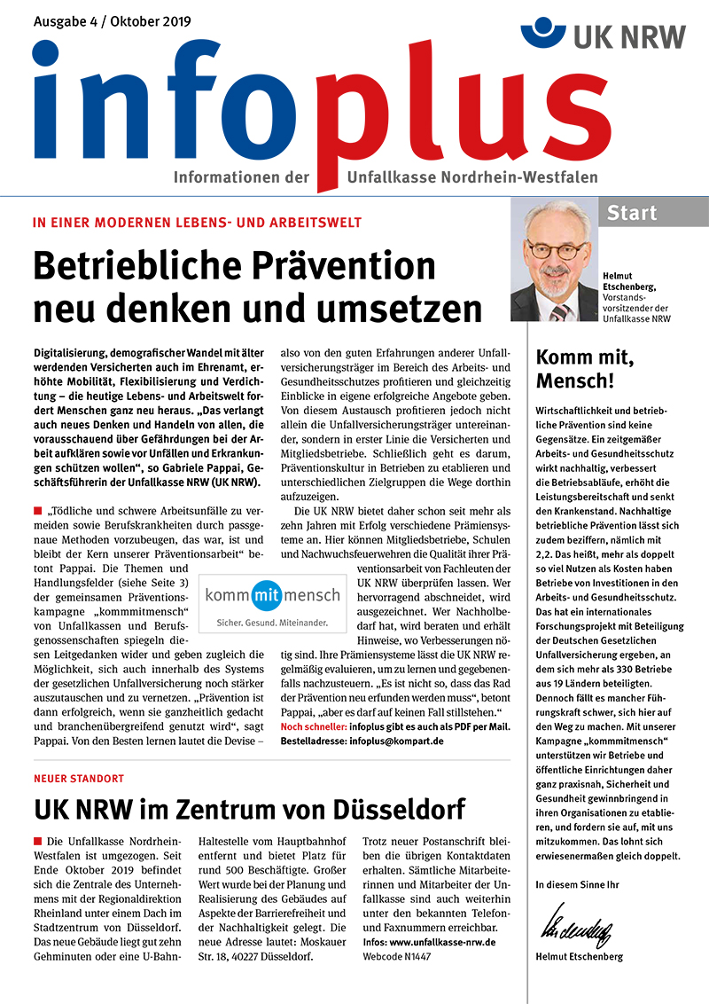 Titelseite der Ausgabe 4, Oktober 2019 des Magazins 'plus' von der Unfallkasse Nordrhein-Westfalen. Oben links steht 'Informationen der Unfallkasse Nordrhein-Westfalen'. Das Hauptthema lautet 'Betriebliche Prävention neu denken und umsetzen' und thematisiert Digitalisierung, demografischen Wandel und Maßnahmen zur Arbeitssicherheit. Auf der rechten Seite befindet sich ein Bild eines lächelnden Mannes mit Brille und die Überschrift 'Komm mit, Mensch!'.