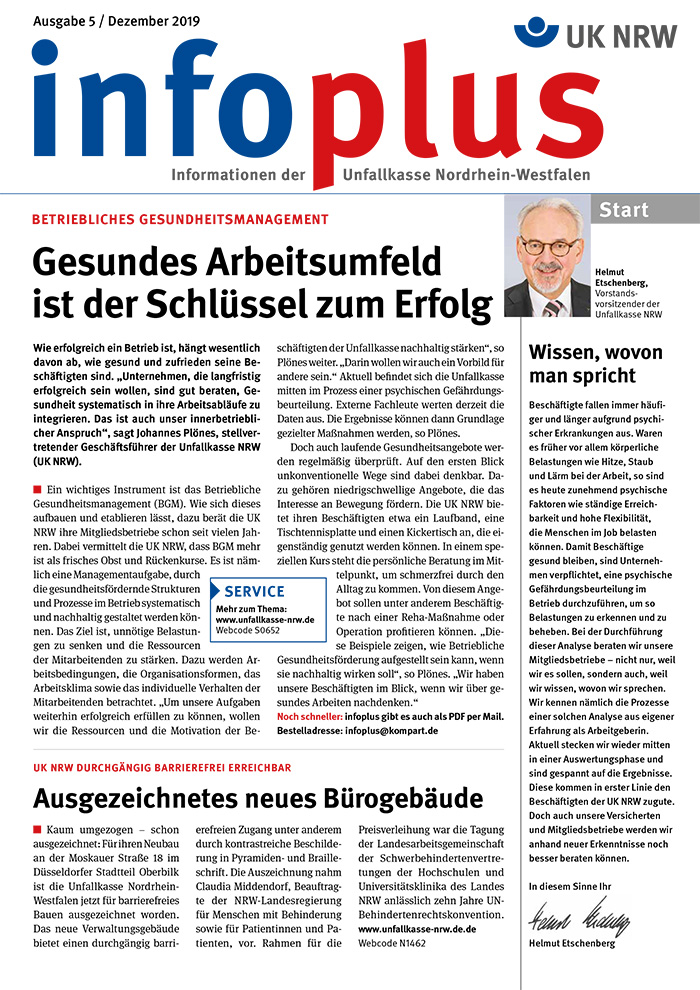 Titelseite der Infoplus Ausgabe 5, Dezember 2019 der Unfallkasse Nordrhein-Westfalen. Oben links steht 'Betriebliches Gesundheitsmanagement'. Überschrift: 'Gesundes Arbeitsumfeld ist der Schlüssel zum Erfolg'. Der Artikel betont die Bedeutung eines gesunden Arbeitsumfeldes für den Erfolg eines Unternehmens. Auf der rechten Seite ein Bild von einem Mann mit kurz abgeschnittenem Artikel 'Wissen, wovon man spricht'. Unten Informationen zur Patientenverfügung und dem geplanten Umbau der Rheinpromenade.