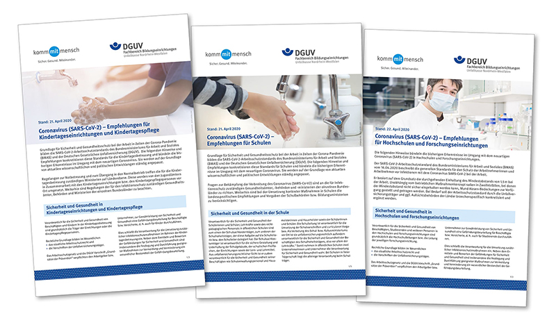Drei nebeneinander liegende Flyer der DGUV. Der erste Flyer behandelt Empfehlungen für Kindertagesbetreuung, der zweite für Schulen und der dritte für Hochschulen im Kontext der COVID-19 Präventionsmaßnahmen. Die Flyer sind mit dem Logo der DGUV und der Kampagne 'kommmitmensch' versehen und enthalten Texte zu Sicherheit und Gesundheit während der Pandemie.