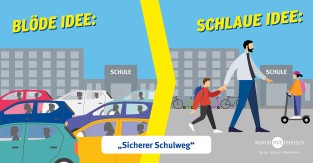 Zwei Szenen nebeneinander teilen das Bild. Links: Dichte Autos stauen sich vor einer Schule, beschriftet als 'Blöde Idee'. Rechts: Zwei Kinder gehen und fahren auf einem Roller begleitet von einem Erwachsenen auf einem sicheren, verkehrsfreien Gehweg, beschriftet als 'Schlaue Idee'. Im unteren Bereich steht 'Sicherer Schulweg' als Slogan. Geeignet für Unfallkasse NRW, da es die Prävention und Sicherheit auf Schulwegen thematisiert.