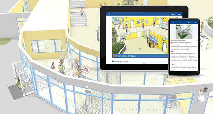 Illustration eines Gebäudes mit transparenten Wänden, die Sicherheitszonen und Notausgänge zeigt. Im Vordergrund sind zwei digitale Geräte, ein Tablet und ein Smartphone, abgebildet. Das Tablet zeigt eine detaillierte Ansicht eines Gebäudeflurs mit Menschen, das Smartphone eine Textbeschreibung zu Sicherheitsflug- und Rettungswegen. Das Bild symbolisiert digitale Lösungen im Arbeitsschutz und Prävention für die Unfallkasse NRW, indem es die Zugänglichkeit von Sicherheitsinformationen hervorhebt.