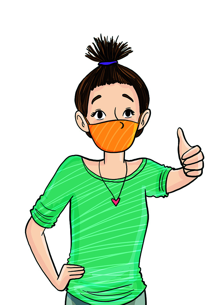 Eine Person mit braunen Haaren trägt ein grünes, gestreiftes Shirt und eine orangefarbene Maske. Sie zeigt mit der rechten Hand einen Daumen nach oben, was auf Zustimmung oder guten Schutz hinweist. Der Hintergrund ist weiß. Diese Darstellung betont die Bedeutung von Masken im Arbeitsschutz und Präventionsmaßnahmen gemäß den Richtlinien der Unfallkasse NRW.