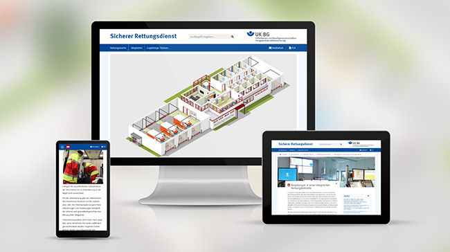 Das Bild zeigt die Webseite der Unfallkasse NRW auf einem Smartphone, Monitor und Tablet. Auf allen Geräten wird die Seite 'Sicherer Rettungsdienst' angezeigt, die sich mit Arbeitsschutz und Prävention im Rettungsdienst beschäftigt. Der Monitor zeigt eine 3D-Darstellung eines Gebäudes zur Visualisierung von Sicherheitsszenarien, während das Smartphone und Tablet textbasierte Informationen präsentieren. Die Darstellung dient zur Vermittlung von Sicherheitsmaßnahmen im Arbeitsumfeld.