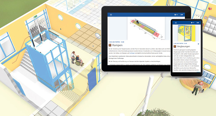 Das Bild zeigt ein digitales 3D-Modell einer barrierefreien Schule. Links ist ein Aufzug, der für Rollstuhlfahrer zugänglich ist. Im Vordergrund sind ein Tablet und ein Smartphone abgebildet, die Informationen über barrierefreie Rampen und den Zugang zum Gebäude darstellen. Beide Geräte zeigen Pläne und Texte zur Umsetzung von Barrierefreiheit. Im unteren Bereich des Bildes ist ein Rollstuhlfahrer, der von einer anderen Person begleitet wird. Das Bild vermittelt Konzepte zu Arbeitsschutz und Prävention der Unfallkasse NRW.