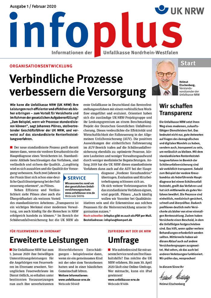 Cover der InfoPlus Ausgabe 1/2020 der Unfallkasse Nordrhein-Westfalen. Oben ist der Schriftzug 'InfoPlus' zu sehen, begleitet vom Logo der Unfallkasse NRW. Der Hauptartikel thematisiert die Verbesserung von Versorgungsprozessen im Rahmen der gesetzlichen Unfallversicherung. Weitere Artikel beleuchten Organisationales, unter anderem die Implementierung standardisierter Prozesse und die Rentenfeststellung. Rechts oben ist ein Foto einer Person mit der Überschrift 'Wir schaffen Transparenz'. Unten gibt es einen Hinweis auf eine kostenlose PDF-Version des Heftes auf unfallkasse-nrw.de. Der Seitenhintergrund ist weiß mit Text und einer Randspalte in Rot.