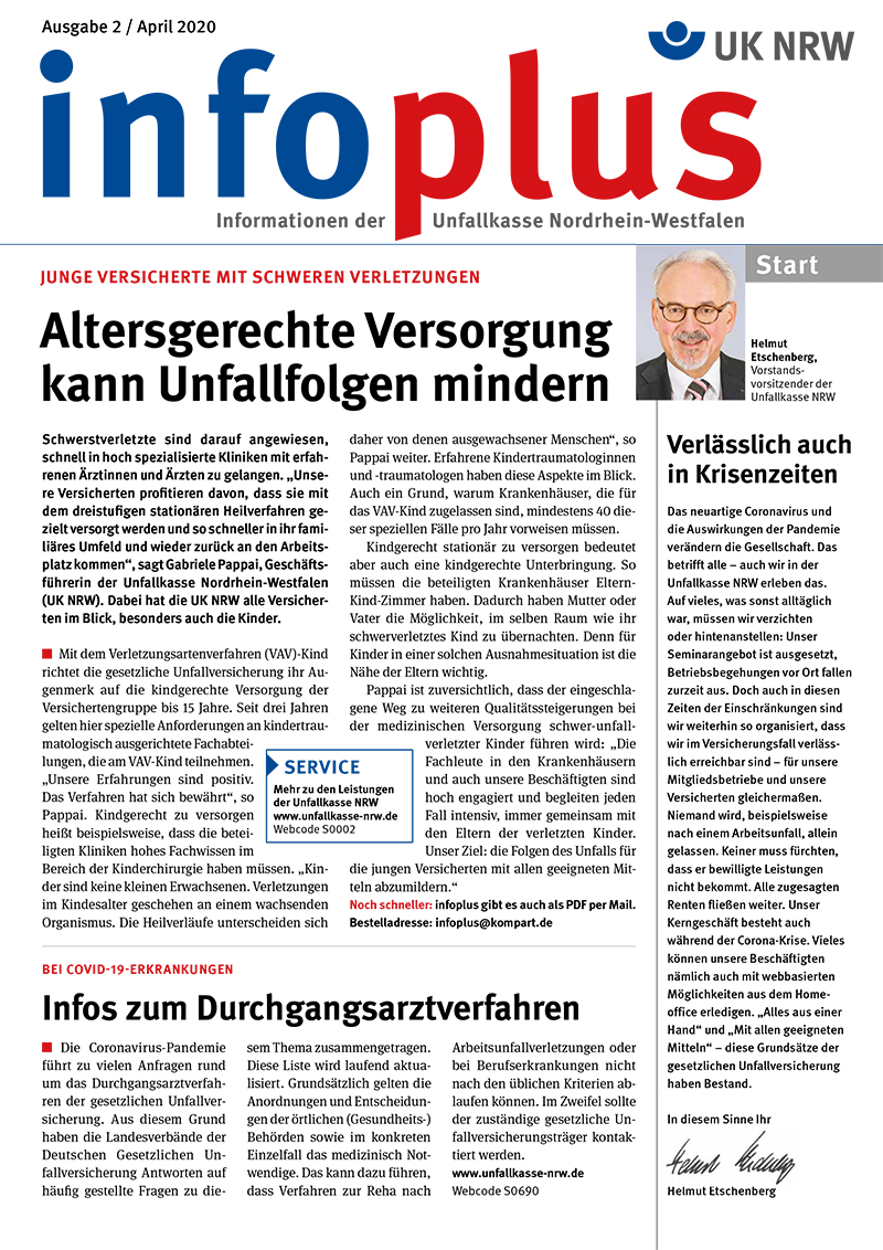 Die Titelseite der Zeitschrift 'UK NRW plus' zeigt die Ausgabe 2/2020. Oben links der Name der Zeitschrift und das Logo der Unfallkasse Nordrhein-Westfalen. Ein großer Artikel thematisiert die altersgerechte Versorgung zur Minderung von Unfallfolgen. Links ein Bild eines älteren Mannes mit grauen Haaren. Oben rechts Hinweis auf Vorlesungsreihe, unten links Servicekontakt. Die Seite fokussiert auf Arbeitsschutz und Präventionsmaßnahmen für junge Versicherte und ältere Beschäftigte.