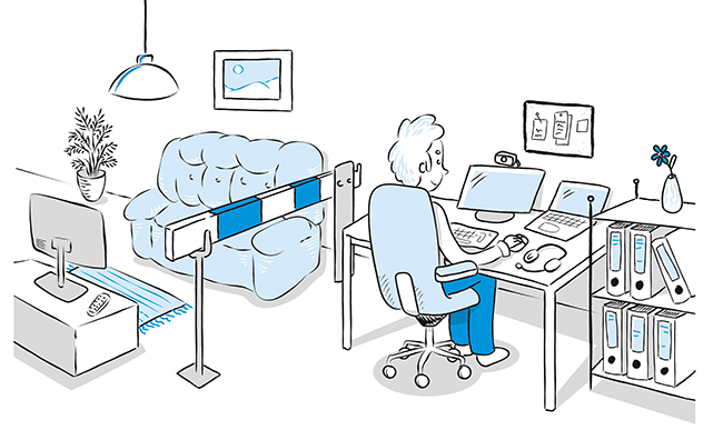 Illustration eines Homeoffice-Arbeitsplatzes. Eine Person sitzt an einem Schreibtisch mit großen Monitoren, Tastatur und Maus. Der Schreibtisch ist ordentlich, mit Dokumenten und einem großen Bildschirm. Neben dem Schreibtisch stehen Aktenordner. Im Raum befindet sich eine Barriere mit weißen und blauen Streifen zur Abgrenzung des Arbeitsbereichs von der restlichen Wohnung. Im Hintergrund sind ein Sofa, ein Pflanzenbild an der Wand, eine Stehlampe und Pflanzen zu sehen. Diese Darstellung vermittelt den Aspekt des Arbeitsschutzes und der Prävention am häuslichen Arbeitsplatz, im Kontext der Unfallkasse NRW.