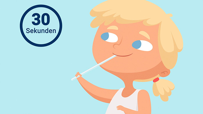 Eine gezeichnete blonde Person in einem ärmellosen Hemd nutzt einen Strohhalm zur Atemübung. Links oben im Bild steht in einem Kreis '30 Sekunden'. Dies könnte auf eine Atemübung oder eine Schulung zur Arbeitssicherheit hinweisen, die mögliche Stress- und Unfallprävention thematisiert, präsentiert von der Unfallkasse NRW.