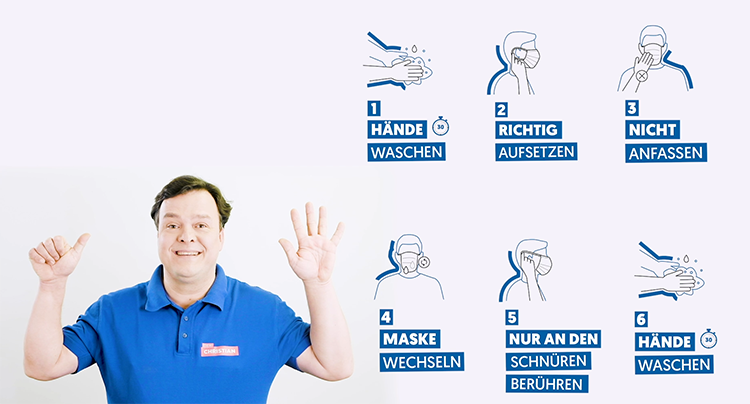 Ein Mann in einem blauen Hemd zeigt sechs Schritte für das sichere Tragen einer Maske: 1. Hände waschen mit Symbol für Hände unter Wasserhahn. 2. Maske richtig aufsetzen mit Symbol für das Platzieren einer Maske über Mund und Nase. 3. Maske nicht anfassen, dargestellt durch durchgestrichene Hand, die das Gesicht nicht berühren soll. 4. Maske wechseln mit Symbol, das eine Hand zeigt, die eine Maske abnimmt. 5. Nur an den Schnüren berühren, illustriert durch das Abziehen einer Maske an den Bändern. 6. Hände erneut waschen, symbolisiert durch Hände unter Wasserhahn. Alle Schritte in einer strukturierten, grafischen Darstellung zum Arbeitsschutz für die Unfallkasse NRW.