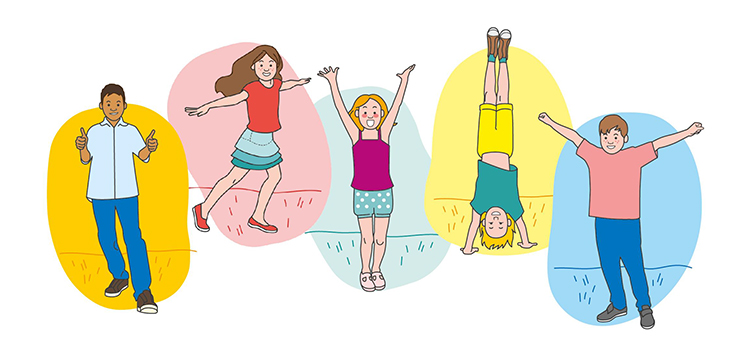 Fünf Kinder unterschiedlicher Herkunft spielen und bewegen sich vor bunten Hintergründen. Von links: Ein Kind mit Daumen hoch in einem gelben Bereich, ein Mädchen im roten Oberteil springt im rosa Bereich, ein Mädchen mit kurzen Haaren hebt die Arme im roten Bereich, ein Kind steht auf den Händen im gelben Bereich, und ein weiteres Kind breitet die Arme im blauen Bereich aus. Die Szene symbolisiert Freude und Bewegung, passend zum Kontext von Arbeitsschutz und Prävention der Unfallkasse NRW.