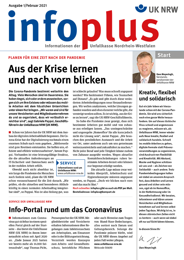 Titelseite eines Newsletters der Unfallkasse NRW zur Pandemie.