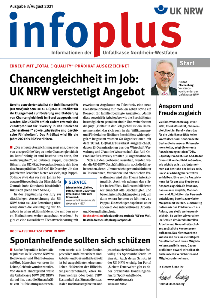 Die Titelseite des InfoPlus-Magazins der Unfallkasse Nordrhein-Westfalen, Ausgabe 3/2021. Überschrift: 'Chancengleichheit im Job: UK NRW verstetigt Angebot'. Das Magazin behandelt Themen zur Arbeitssicherheit und Prävention. Enthalten sind die Auszeichnung mit dem 'Total E-Quality'-Prädikat für Diversity und ein Artikel zu Chancengleichheit. Ein farbiges Design mit einem grauen Kopfbereich, rotem Text und Spaltenlayout. Im oberen Bereich das Logo der Unfallkasse NRW und der Titel der Zeitschrift.