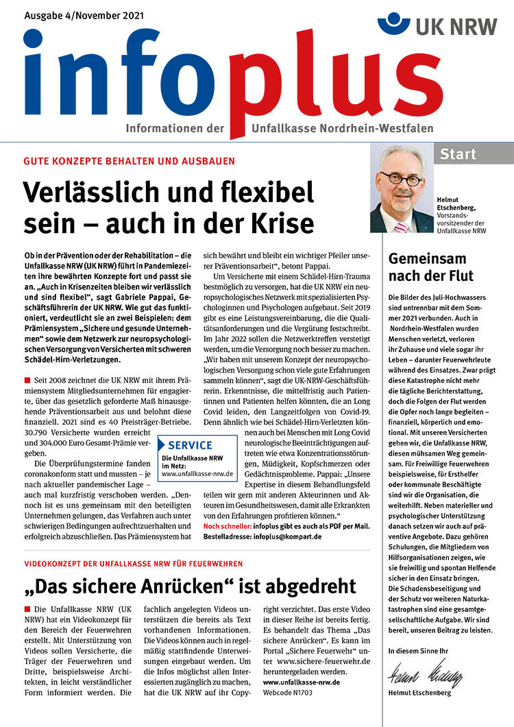 Infografik zeigt den Prozessablauf bei der Unfallkasse NRW mit Start bei einer abgebildeten Person. Pfeile weisen den Weg durch mehrere Entscheidungspunkte, die in Textfeldern beschrieben sind. Die Infografik enthält Schritte zum Arbeitsschutz und zur Prävention. Oben sind Logos und Text der Unfallkasse NRW in Blau und Rot sichtbar. Rechts unten befindet sich eine Unterschrift.