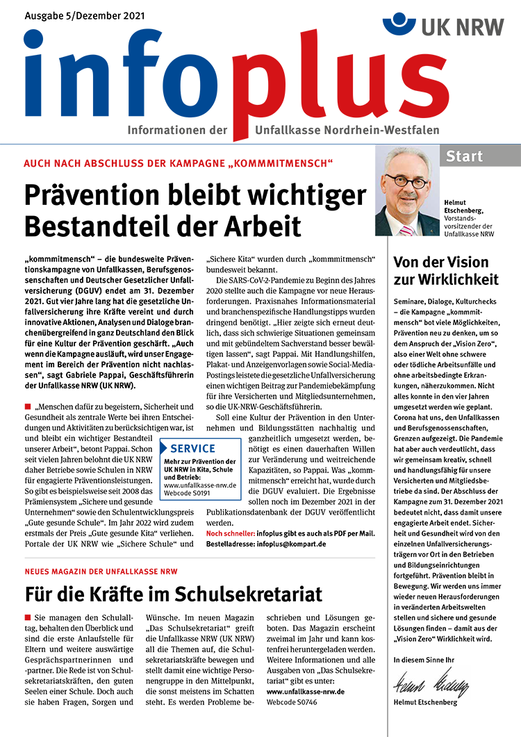 Das Bild zeigt das Organigramm der Unfallkasse NRW. Oben ist das Logo der Unfallkasse NRW in blau und rot zu sehen. Darunter startet die Gliederung mit der Führungsebene, dargestellt von einer Person in einem kleinen Porträtfoto rechts daneben. Von dort aus verzweigen sich mehrere Abteilungen und Facheinheiten, die in Kästchen dargestellt werden. Diese repräsentieren verschiedene Funktionseinheiten im Bereich Arbeitsschutz und Prävention. Am unteren Rand ist die Unterschrift eines leitenden Mitarbeiters sichtbar. Der Gesamtaufbau verdeutlicht die interne Struktur und Zuständigkeiten, die für effektiven Arbeitsschutz und Unfallprävention wichtig sind.