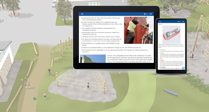 Das Bild zeigt eine digitale Szene: Zwei Tablets im Vordergrund zeigen Sicherheitsanwendungen. Umgebungen wie ein Klettergerüst und ein Spielplatz sind im Hintergrund sichtbar. Diese stellen typische Arbeits- und Freizeitsituationen dar, bei denen Arbeitsschutz und Prävention wichtig sind. Der Kontext bezieht sich auf die Rolle der Unfallkasse NRW in der Förderung von Sicherheit und Prävention am Arbeitsplatz.