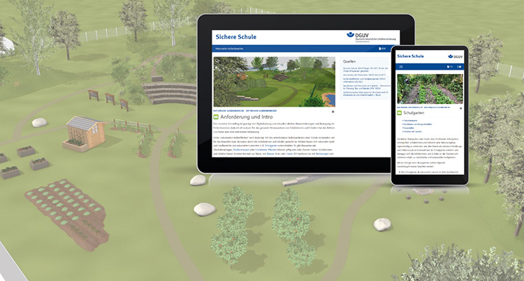Das Bild zeigt eine digitale Visualisierung eines Schulhofs, auf einer grünen Wiese mit Spielgeräten und Gartenbereichen, dargestellt auf einem Tablet und einem Smartphone. Die Geräte präsentieren die Homepage 'Sichere Schule' mit spezifischen Inhalten der Unfallkasse NRW zur Förderung von Arbeitsschutz und Prävention an Schulen. Der Hintergrund bietet eine Vogelperspektive auf den Schulhof, während die Geräte im Vordergrund die digitale Zugriffsmöglichkeit betonen.