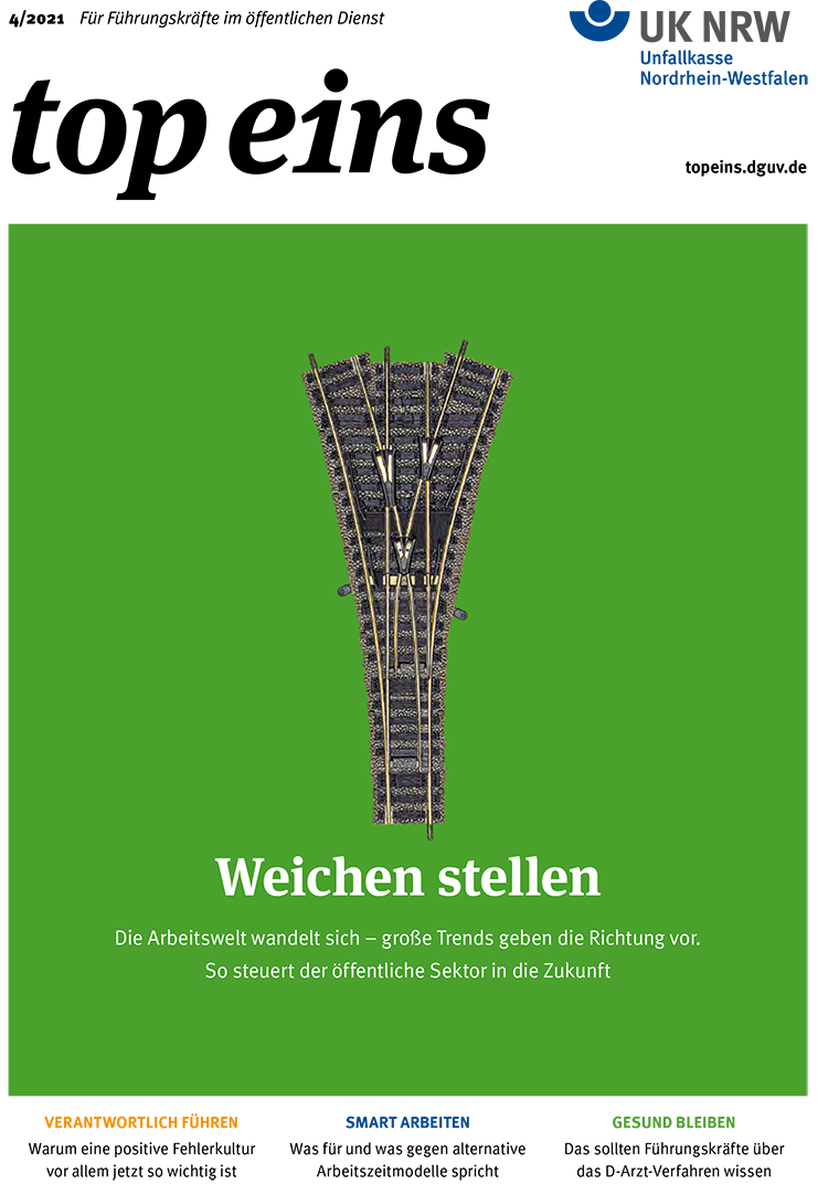 Bild zeigt eine Eisenbahnweiche, die vor einem grünen Hintergrund abgebildet ist. Darüber steht der Text: 'Die Arbeitswelt wandelt sich – große Trends geben die Richtung vor. So steuert der öffentliche Sektor in die Zukunft.' Unten sind Symbole und Logos verschiedener Institutionen. Das Bild vermittelt den Eindruck von Veränderungen und neuen Wegen in der Arbeitswelt, insbesondere im öffentlichen Sektor. Kontext ist Arbeitsschutz und Prävention im Rahmen von Trends und Wandel in der Arbeitswelt.