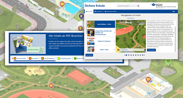 Auf dem Bild ist eine interaktive Webseite der Unfallkasse NRW für Arbeitsschutz und Prävention in Schulen zu sehen. Oben wird die Navigation 'Sichere Schule' und das Logo der DGUV angezeigt. Im Zentrum ist eine Illustration eines Schulgeländes mit verschiedenen Gebäuden und Grünflächen, die unterschiedliche Bereiche für Sicherheitsmaßnahmen kennzeichnen. Im Vordergrund befinden sich Menüs und Links zu PDF-Broschüren, die spezifische Informationen zu Schulthemen wie Sporthallen, Schulhöfen und Physikräumen bieten. Das Portal enthält auch Neuigkeiten und Ressourcen zur Förderung der Sicherheit in Schulen.