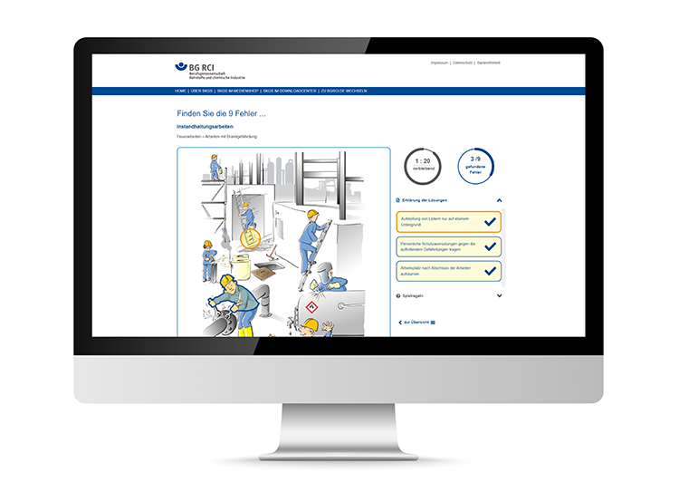 Ein Computerbildschirm zeigt die Website einer Berufsgenossenschaft mit dem Titel 'Finden Sie die Fehler...'. Darauf sind Illustrationen von Arbeitern abgebildet, die in einem potenziell gefährlichen Arbeitsumfeld Sicherheitsfehler darstellen. Eine Liste mit möglichen Lösungen ist auf der rechten Seite des Bildschirms zu sehen. Ziel ist die Förderung von Arbeitsschutz und Prävention gemäß den Richtlinien der Unfallkasse NRW.