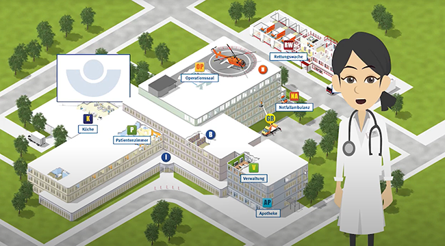 Illustration eines Krankenhauses aus der Vogelperspektive mit medizinischem Personal.